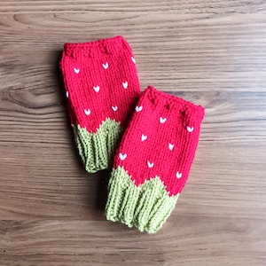Strawberry mittens. Hand knitted red and green fingerless gloves/mittens