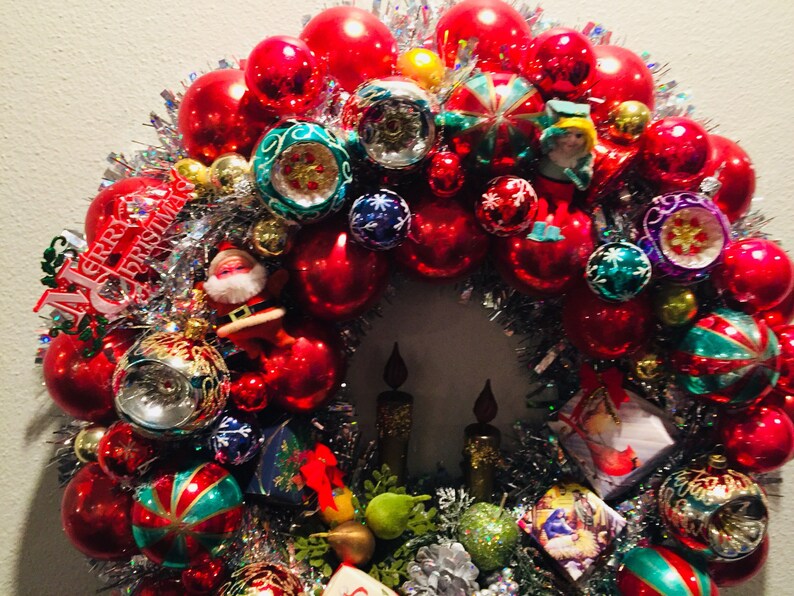 Vintage 20 tinsel Christmas Wreath hand decorated with Etsy