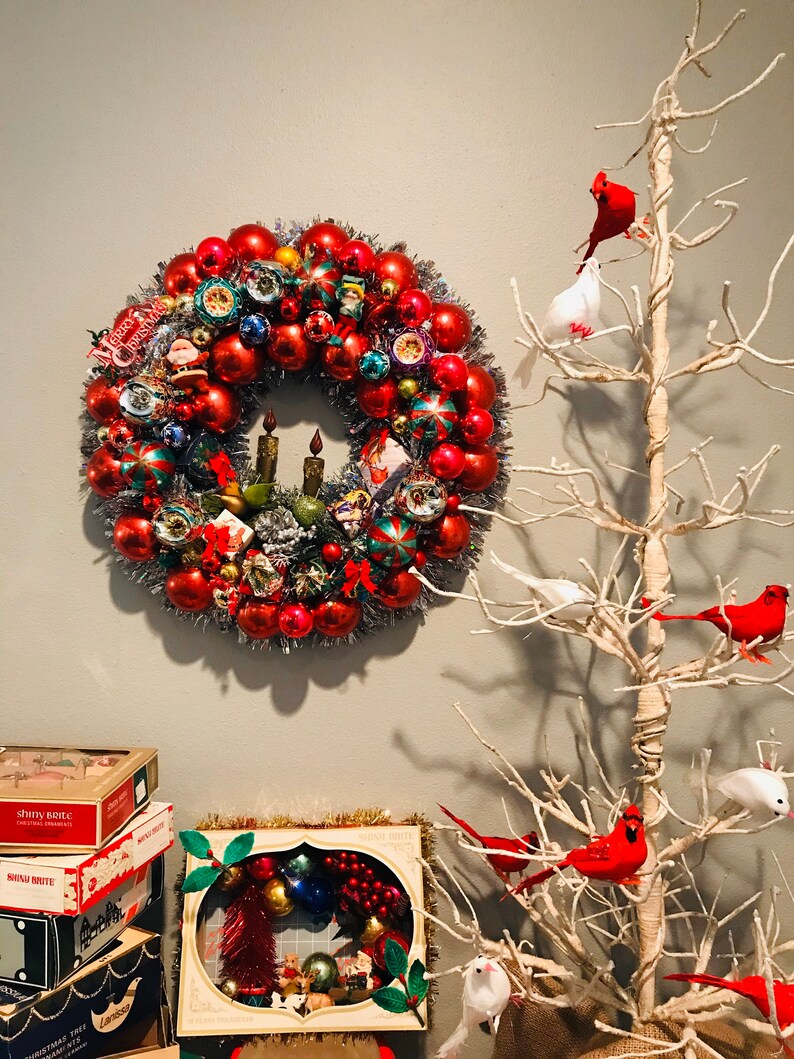 Vintage 20 tinsel Christmas Wreath hand decorated with Etsy