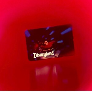 May include: A rectangular card with the word "Disneyland" in white script. The card has a dark background with a blurry image of people on a ride. The background is a bright red.