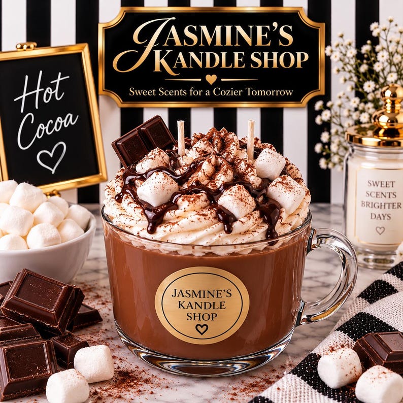 May include: A glass mug candle shaped like hot cocoa, topped with wax whipped cream, chocolate drizzle, marshmallows, and a chocolate square. A gold label reads JASMINE'S KANDLE SHOP. Background includes a sign for JASMINE'S KANDLE SHOP and Hot Cocoa.