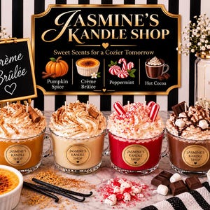 May include: Four glass mugs filled with wax designed to look like whipped cream-topped beverages, labeled Jasmine's Kandle Shop. Scents include pumpkin spice, cr&egrave;me br&ucirc;l&eacute;e, peppermint, and hot cocoa, displayed with matching decorative elements.