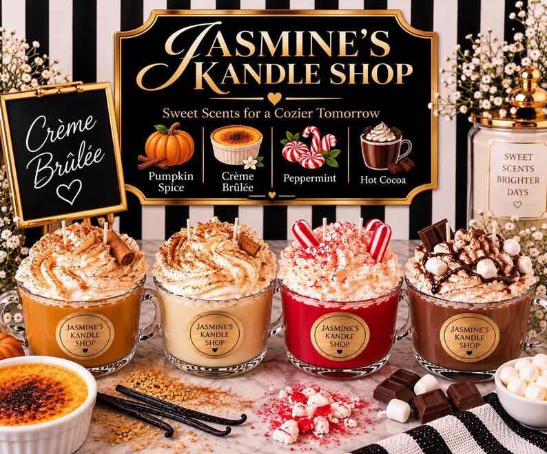 May include: Four glass mugs filled with wax designed to look like whipped cream-topped beverages, labeled Jasmine's Kandle Shop. Scents include pumpkin spice, cr&egrave;me br&ucirc;l&eacute;e, peppermint, and hot cocoa, displayed with matching decorative elements.