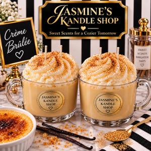 May include: Two glass mugs filled with tan candle wax topped with white whipped wax and brown sprinkles. Each mug features a gold circular label reading Jasmine's Kandle Shop. Nearby are two vanilla beans and a gold spoon with brown sugar.