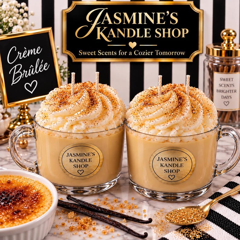 May include: Two glass mugs filled with tan candle wax topped with white whipped wax and brown sprinkles. Each mug features a gold circular label reading Jasmine's Kandle Shop. Nearby are two vanilla beans and a gold spoon with brown sugar.