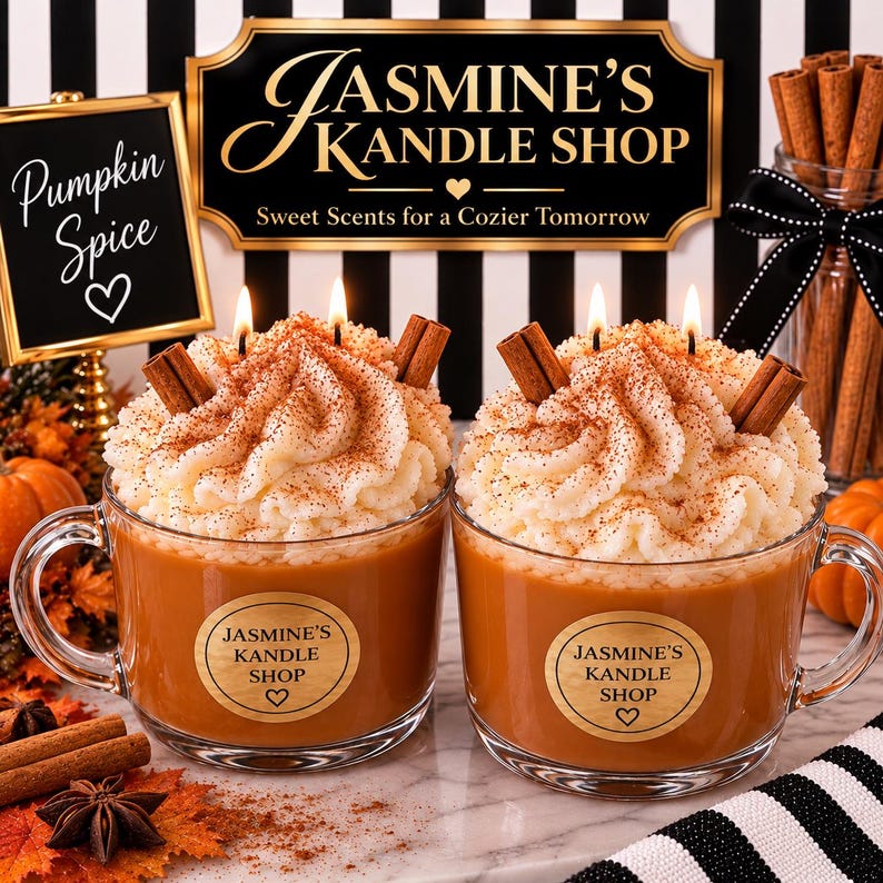 May include: Two glass mugs filled with orange wax, topped with white whipped wax and cinnamon sticks. Each mug features a round label reading Jasmine's Kandle Shop with a heart. A sign in the background reads Jasmine's Kandle Shop and Pumpkin Spice.