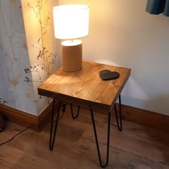 Handmade end table from reclaimed wood. Oak wax finish.