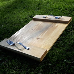 Handmade serving tray made from reclaimed pallet wood.