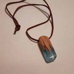 Secret or Hidden Wood - Oak and Resin Pendant with Metallic Blue Swirl.