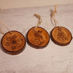 Set of 3 Christmas tree decorations handmade from apple tree branch slices.