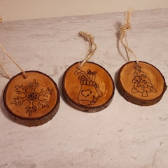 Set of 3 Christmas tree decorations handmade from apple tree branch slices.