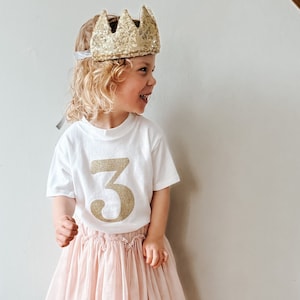 May include: A child wearing a gold sequined crown and a white t-shirt with a gold glitter "3". The child is also wearing a light pink tulle skirt and red tights with white hearts.