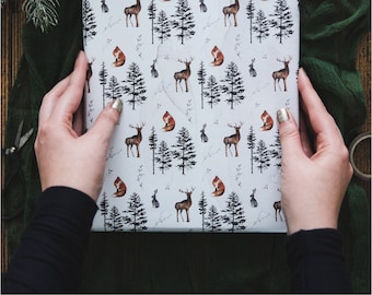 Woodland Animals Watercolour Christmas Gift Wrapping Paper - Fox, Stag & Hare in Forest