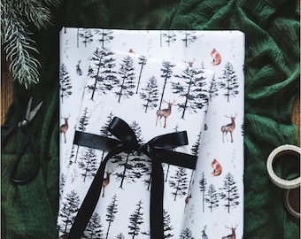 Woodland Christmas Wrapping Paper Set: Stag, Fox & Hare in Forest