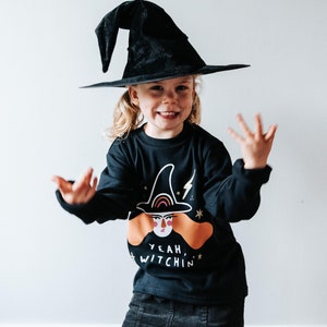 Kids Halloween Witch T-Shirt - Black Long Sleeve Shirt for Children, Yeah Witchin' Cute Halloween Costume Tee