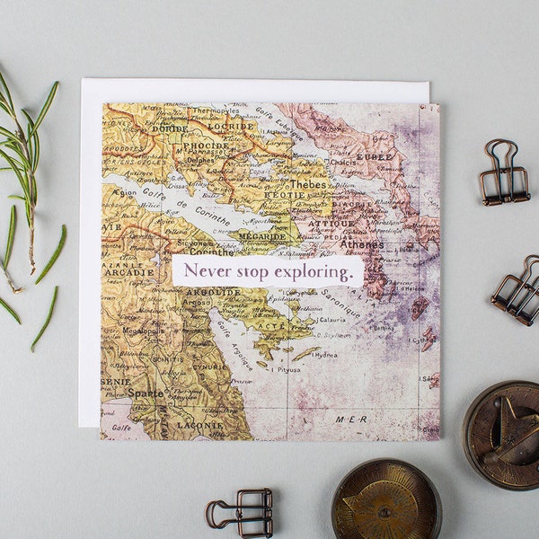 Farewell Card - Wanderlust - Never Stop Exploring - Goodbye Card - Sorry You're Leaving - Bon Voyage Card - Good Luck Card- Vintage Map Card