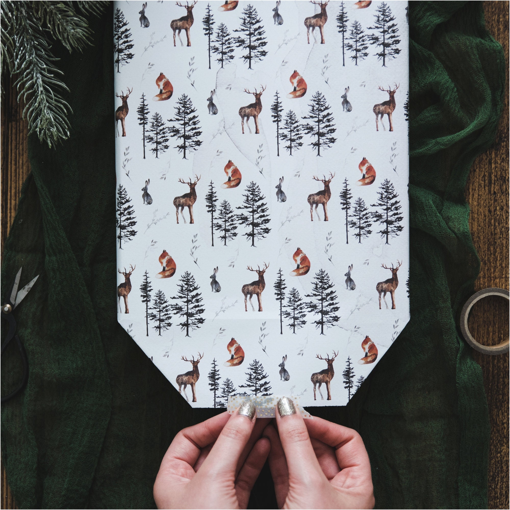 Woodland Animals Wrapping Paper Watercolour Fox, Deer, Owls, Stags 