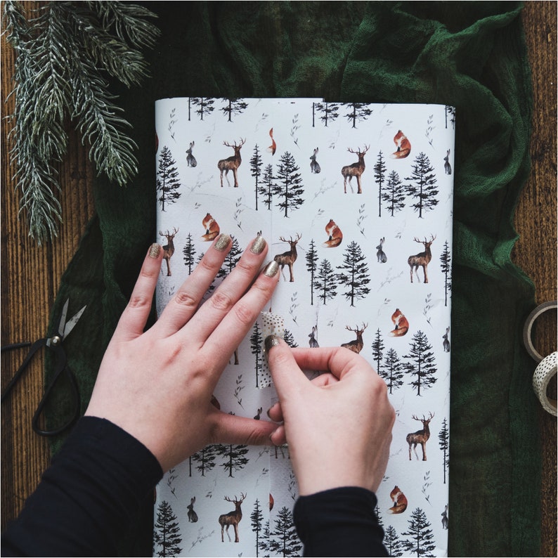 Woodland Animals Christmas Wrapping Paper Christmas Gift Wrap Rustic Christmas Wrap Watercolour Christmas Gift Wrap Fox Stag & Hare image 2