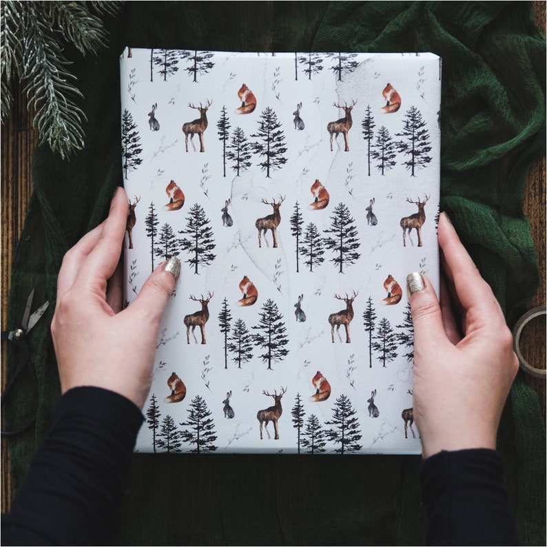 Woodland Animals Christmas Wrapping Paper Christmas Gift Wrap Rustic Christmas Wrap Watercolour Christmas Gift Wrap Fox Stag & Hare image 1