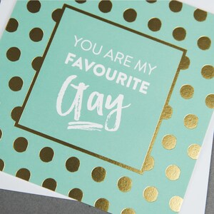 Pu&ograve; includere: Un biglietto di colore azzurro chiaro con pois dorati e un bordo dorato. Il biglietto dice "You are my favourite Gay" in testo bianco.