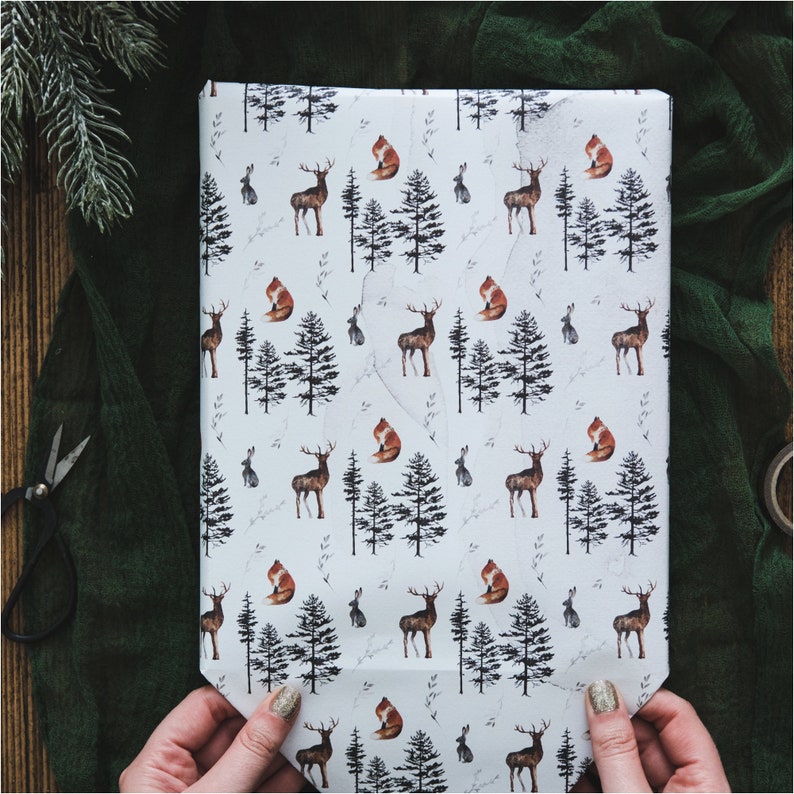 Woodland Animals Christmas Wrapping Paper Christmas Gift Wrap Rustic Christmas Wrap Watercolour Christmas Gift Wrap Fox Stag & Hare image 5