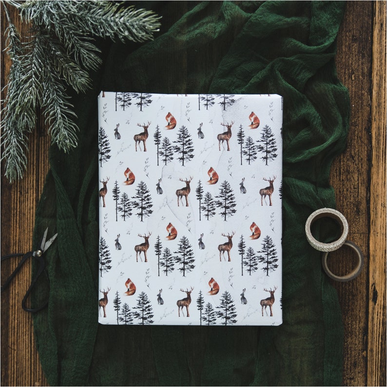 Woodland Animals Christmas Wrapping Paper Christmas Gift Wrap Rustic Christmas Wrap Watercolour Christmas Gift Wrap Fox Stag & Hare image 7