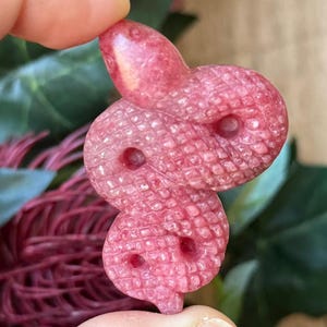 May include: A small, carved pink stone figurine in the shape of a coiled snake. The surface features a detailed, textured scale pattern across its body, with three small, circular indentations along the length of the snake's back and sides.