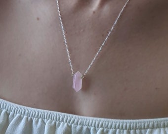 Rose Quartz Double Terminated Crystal Necklace on Sterling Silver Chain Handmade Jewellery Gift