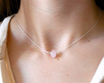 Rose Quartz Faceted Crystal Necklace on Sterling Silver Chain Handmade Jewellery Gift