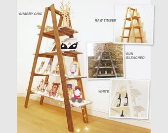 Ladder Shelf 3 or 4 tier shelving unit, Folding A-frame Plant / bookshelf, vintage shabby chic Hand painted Pop up display unit; 1.6 or 1.8m