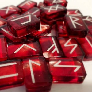 Elder Futhark runes.  Resin Viking Runes set for divination and healing. Red runes