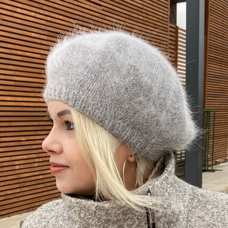 Grey Angora wool Beret knitted french beret women's grey Etsy
