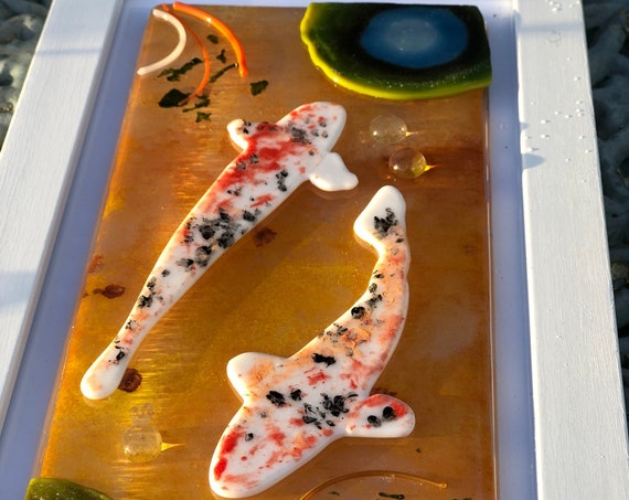 Glass Koi Carp Picture - fish gifts, koi fish, fish picture, koi fish painting, pond picture, lily pads, retirement, 50th, 60th, 70th, male
