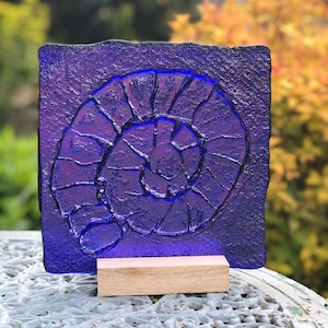 Blue Glass Ammonite In Wood Stand - ammonites, ammonite gifts, glass fossil, milestone birthday, 60th Birthday, 70th birthday, gifts for men