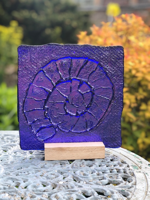 Blue Glass Ammonite In Wood Stand - ammonites, ammonite gifts, glass fossil, milestone birthday, 60th Birthday, 70th birthday, gifts for men