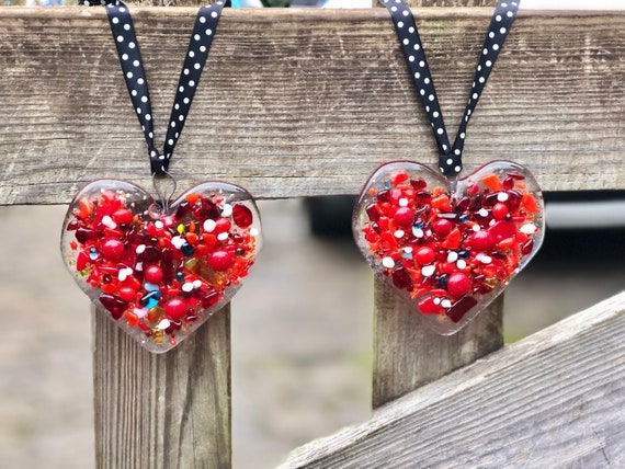 Red Glass "Mish Mash" Hearts - valentines, ruby wedding, 40th, 50th, 60th, anniversary, wedding gift, boyfriend, girlfriend, valentines gift