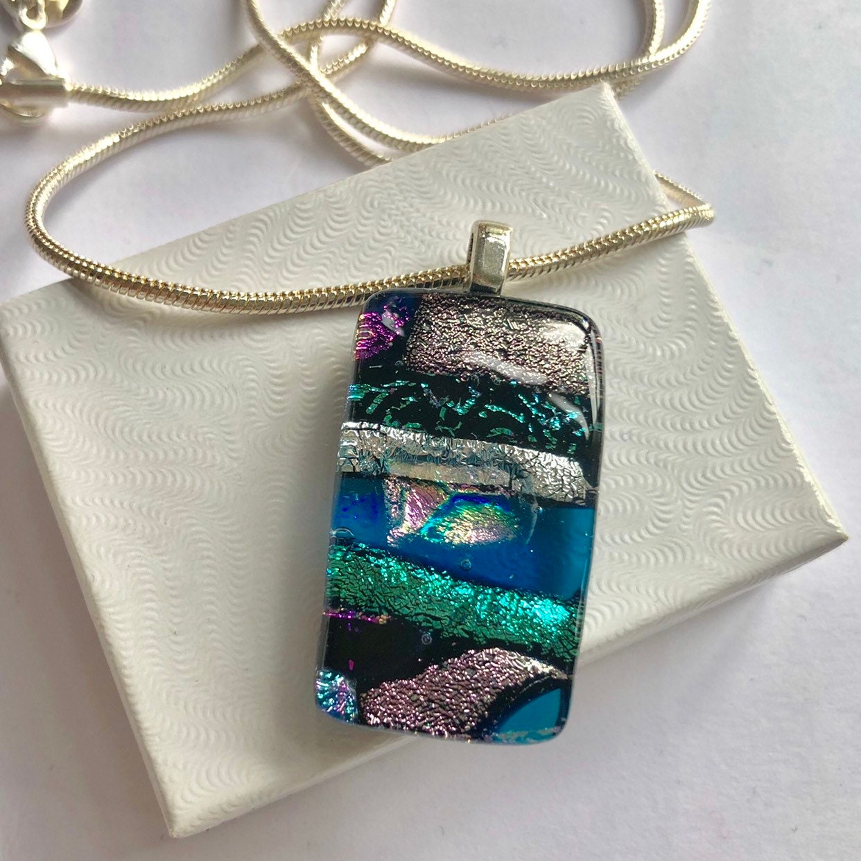 Turquoise & Silver Dicroic Glass Pendant Sterling Silver Chain ...