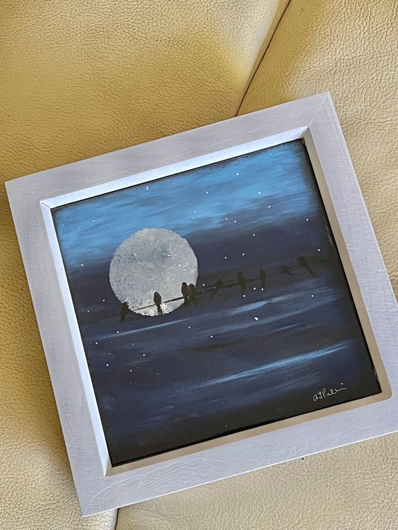 Moonlit Bird On A Wire Hand Painted Glass Picture In White Frame - 50th, 60th, 70th, special birthday, silhouette, anniversary, moonscape