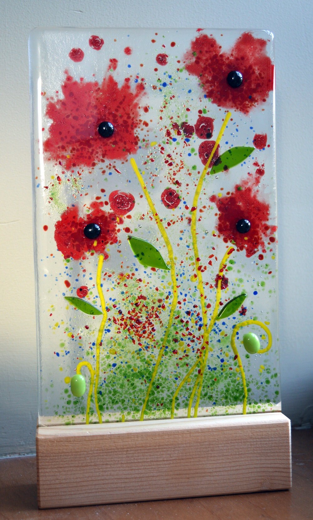 Red Poppy Fused Glass Panel with Wooden Stand - Poppies, red, flowers ...