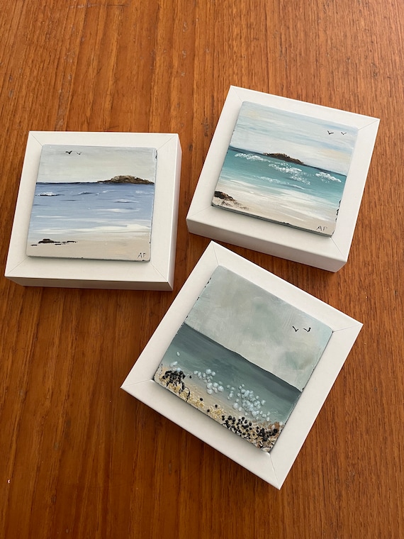 Set of Three Hand Painted Glass Beach Scenes on White Frames - seaside picture, ocean, 50th, 60th, special birthday, Cornwall, seascape art