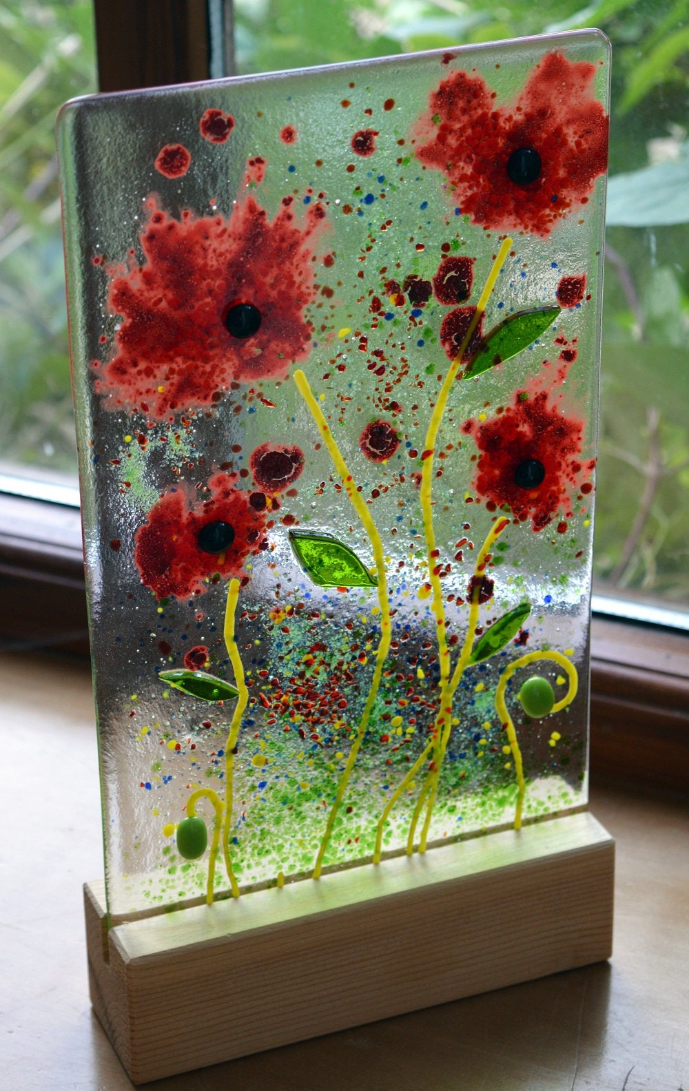 Red Poppy Fused Glass Panel with Wooden Stand - Poppies, red, flowers ...