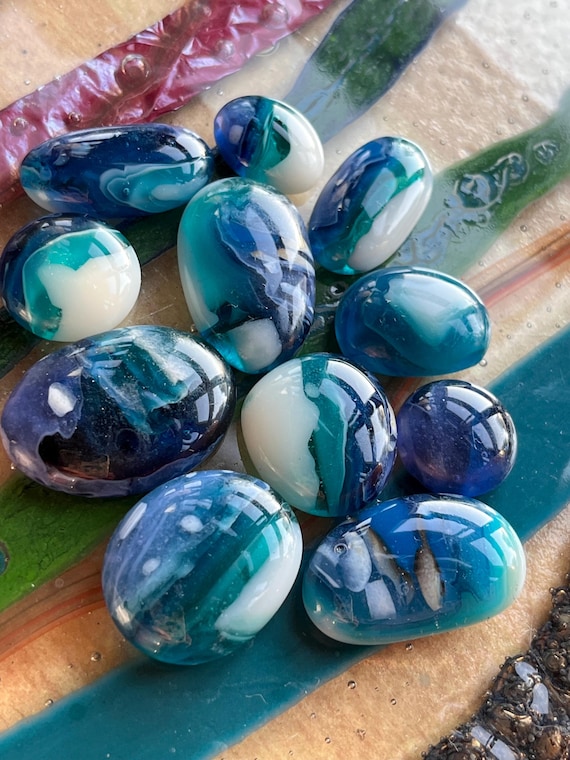 Glass Pebble Cabouchons for jewellery making, blue ocean shade puddles, bullseye, fire in place silver clay. Findings, sea glass alternative