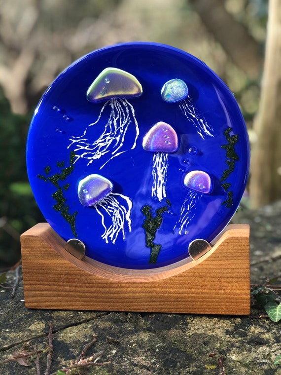 SALE! Glass Jellyfish Underwater Panel - seaside panel, beach art, jellyfish gifts, glass fish, special birthday, wedding anniversary, blue