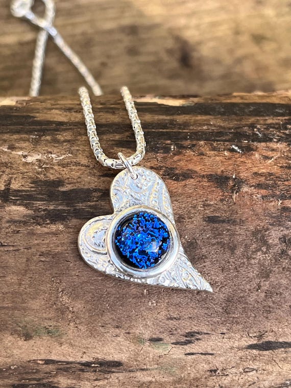 Dichroic Glass Cremation Heart Necklace - Fine Silver Memorial Keepsake