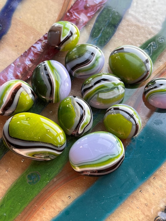 Glass Pebble Cabouchons for jewellery making, green and lilac puddles, bullseye, fire in place silver clay. Findings, sea glass alternative