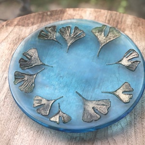 SALE! Turquoise Glass Dish / Platter with Ginkgo Biloba Leaves - 50th, 60th, 70th, anniversary, milestone birthday, leaf design, plants, mum