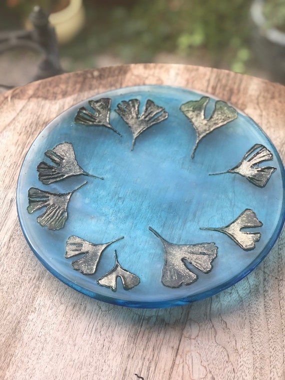 SALE! Turquoise Glass Dish / Platter with Ginkgo Biloba Leaves - 50th, 60th, 70th, anniversary, milestone birthday, leaf design, plants, mum