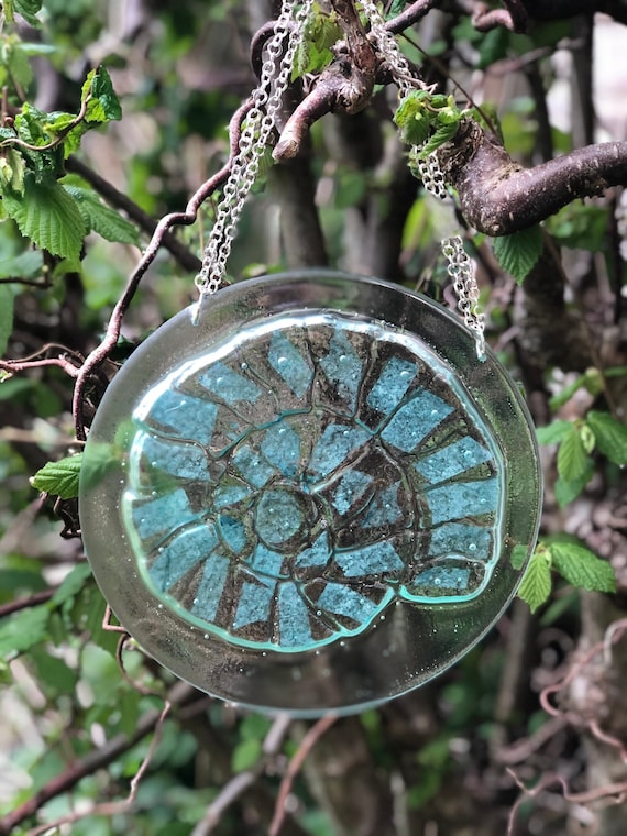 Glass Ammonite Wall Hanging With Chain - ammonite gifts, gifts for men, 60th birthday, 70th birthday, fossils, milestone birthday, ammonites