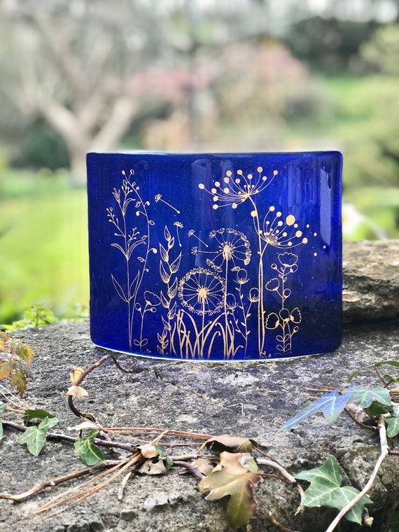 Transparent Royal Blue Free Standing Glass Curve with gold seed head decoration - ruby wedding anniversary gifts, wedding, anniversary gifts