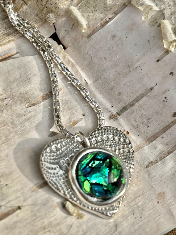 Fine Silver Cremation Heart Necklace - Dichroic Glass Memorial Ash Keepsake